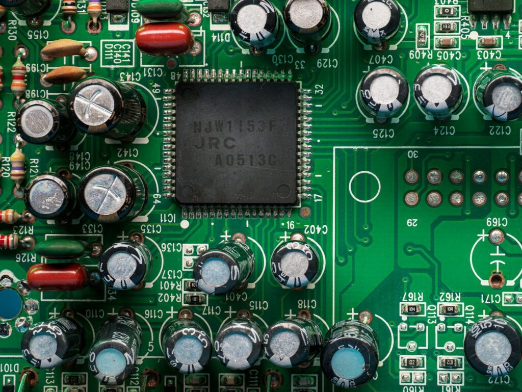 A circuit board filled with electronic components