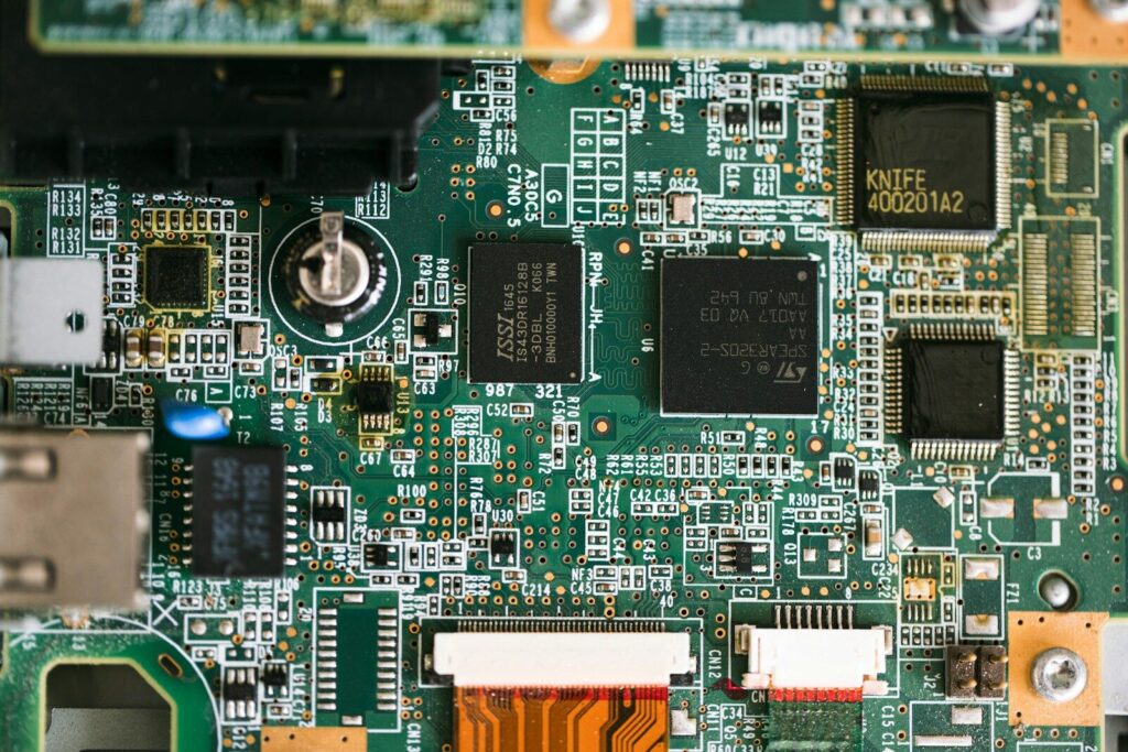 a close up of a computer motherboard with many components