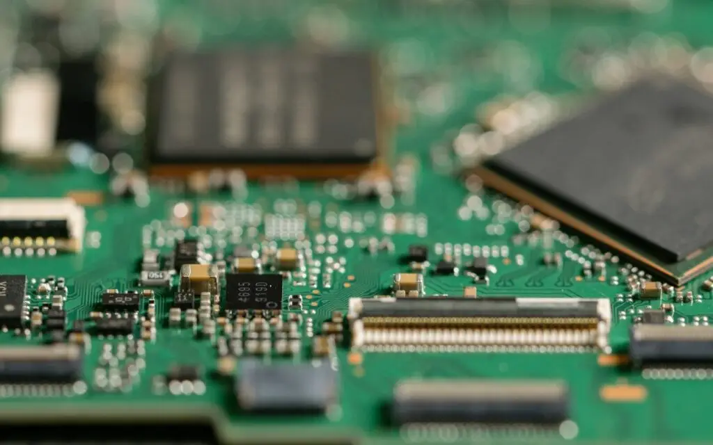 Close-up of a green circuit board with microchips