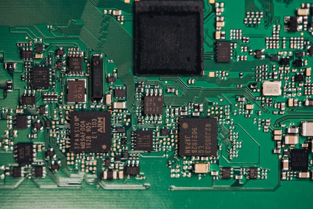 Close-up view of a complex electronic circuit board