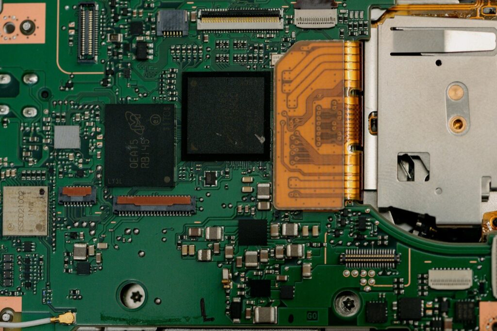 Close-up of a complex electronic circuit board with many components