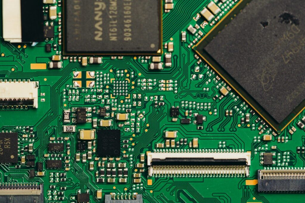 Close-up view of a green circuit board with components