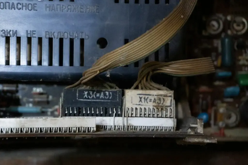 Close-up of old electronic connectors and wiring connectors
