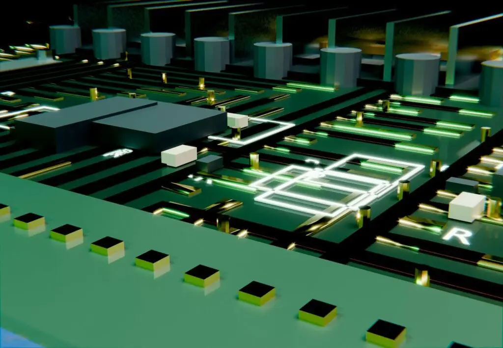 Green circuit board with glowing electronic components and traces