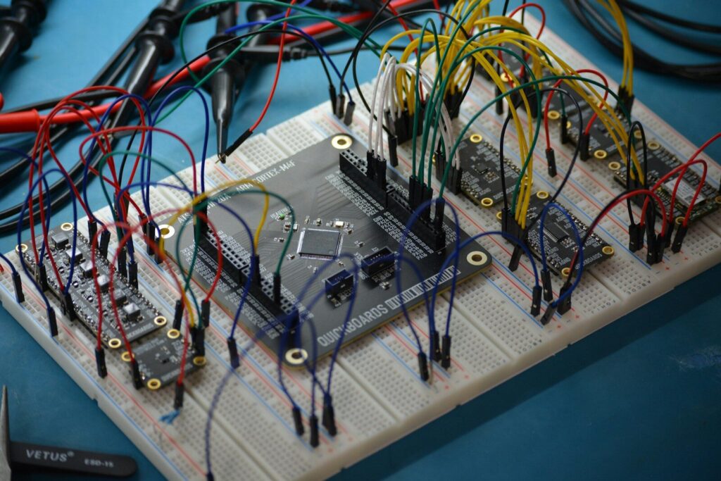 Breadboard with electronic components and wires